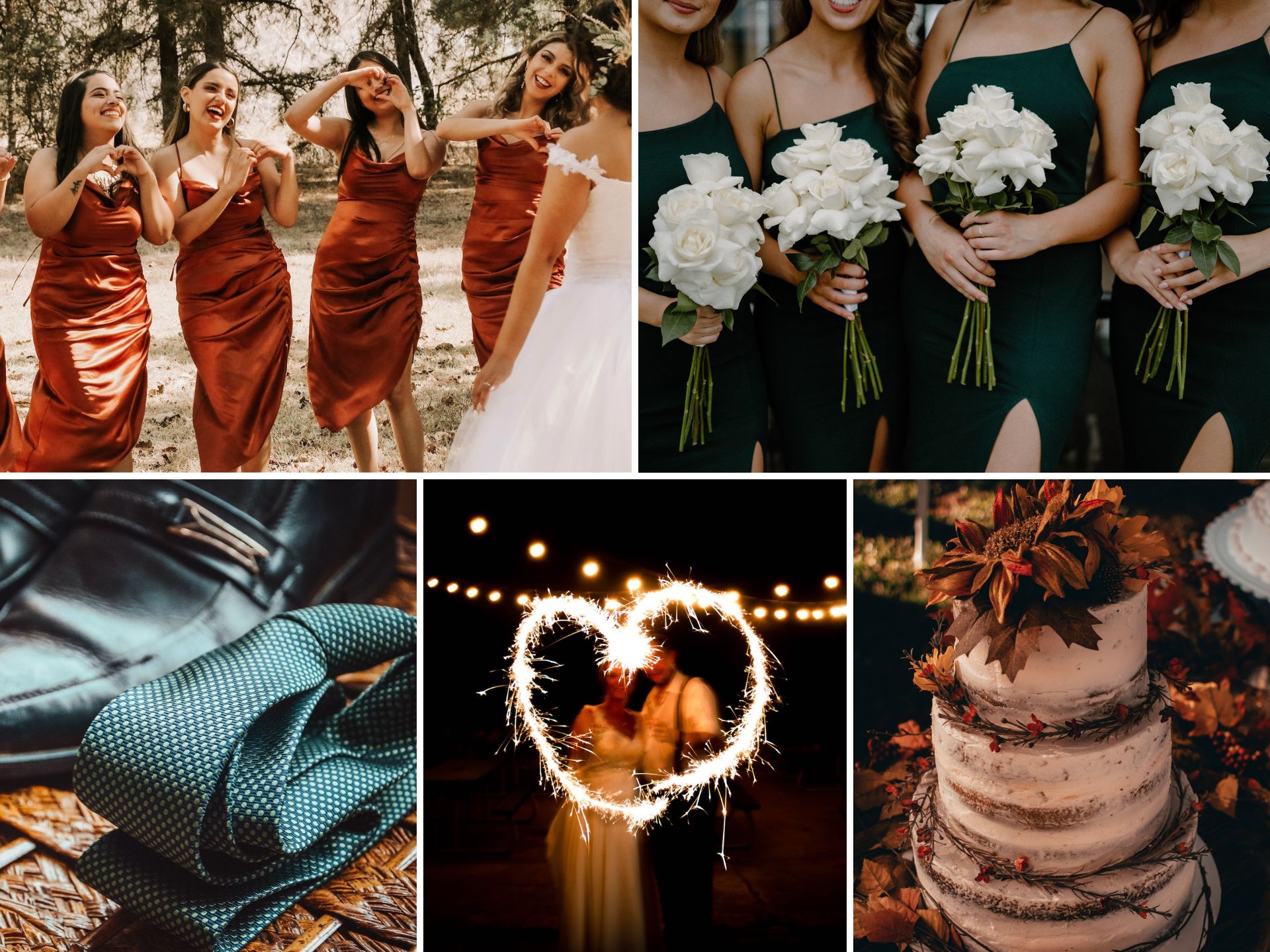 A photo collage with fall wedding color ideas.