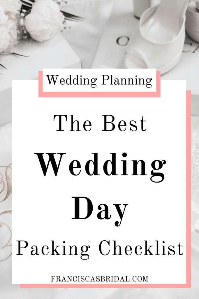 A box of the bride and groom's wedding rings in between silver high heels with text over the photo that says wedding day packing checklist.