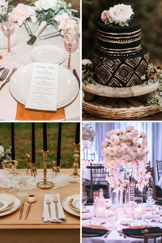 A black and gold wedding cake with light pink roses on top.