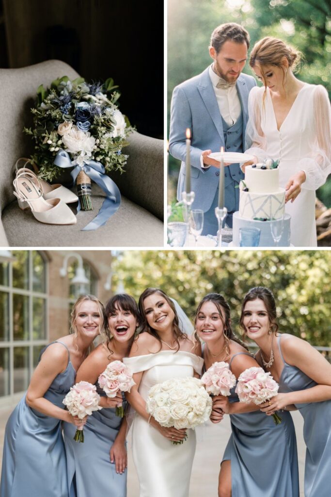 Bridesmaids wearing dusty blue dresses.