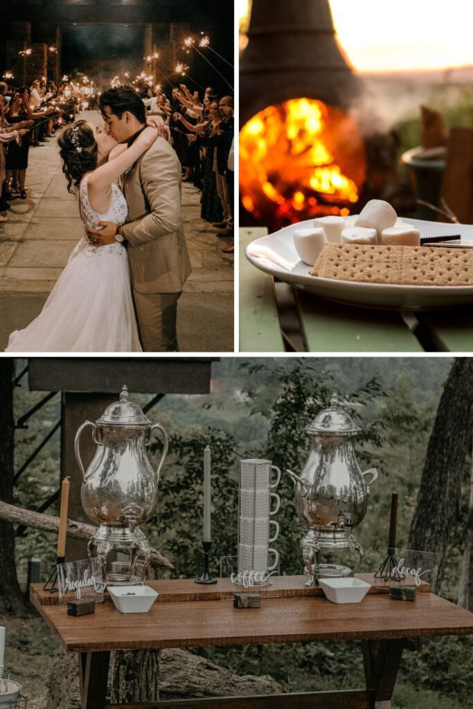 A wedding with a sparkler send off and a s'mores bar.