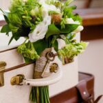 A white and green wedding bouquet.