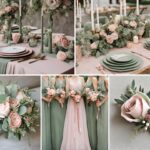 A photo collage with sage green and pink wedding color ideas.