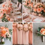A photo collage with peach and pink wedding color ideas.