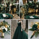 A forest green and gold wedding color ideas photo collage.