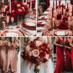 A red and rose gold wedding color ideas photo collage.