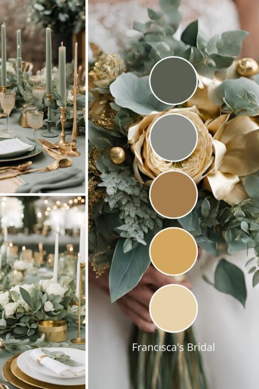 A photo collage with sage green and gold wedding color ideas.