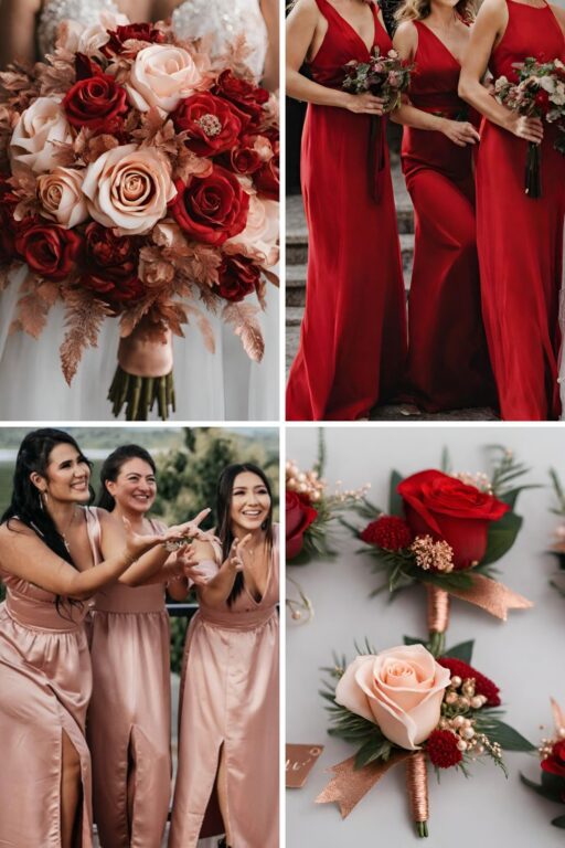 A red and rose gold wedding color ideas photo collage.