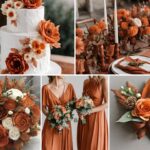 A photo collage with rust orange and terracotta wedding color ideas.