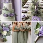 A photo collage with lavender and sage green wedding color ideas.