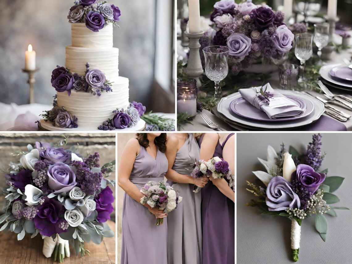 A photo collage with purple and gray wedding color ideas.