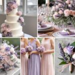 A photo collage with lavender and light pink wedding color ideas.