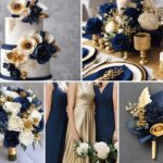A photo collage with navy blue and gold wedding color ideas.