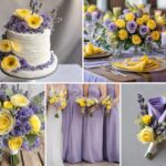 A photo collage with lavender and lemon wedding color ideas.