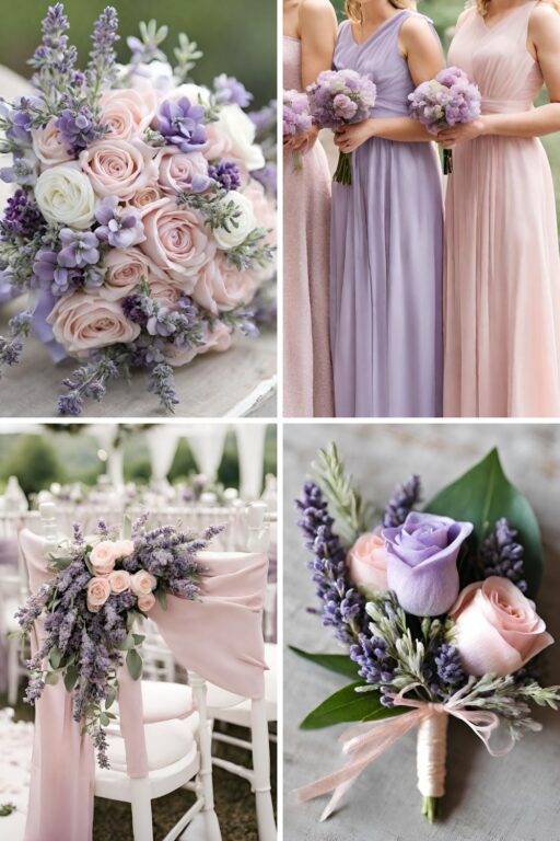 A photo collage with lavender and light pink wedding color ideas.