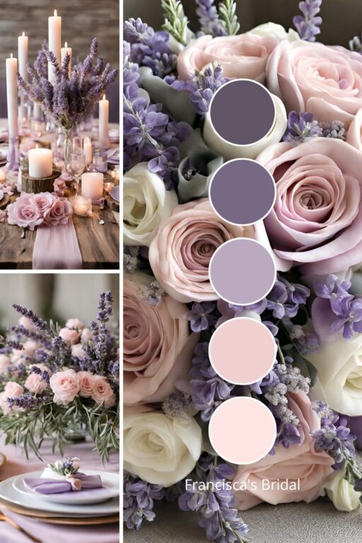 A photo collage with lavender and light pink wedding color ideas.