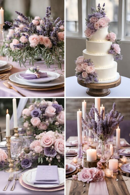 A photo collage with lavender and light pink wedding color ideas.