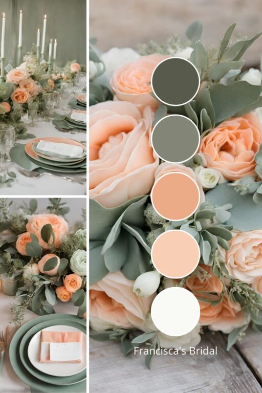 A photo collage with peach and sage green wedding color ideas.