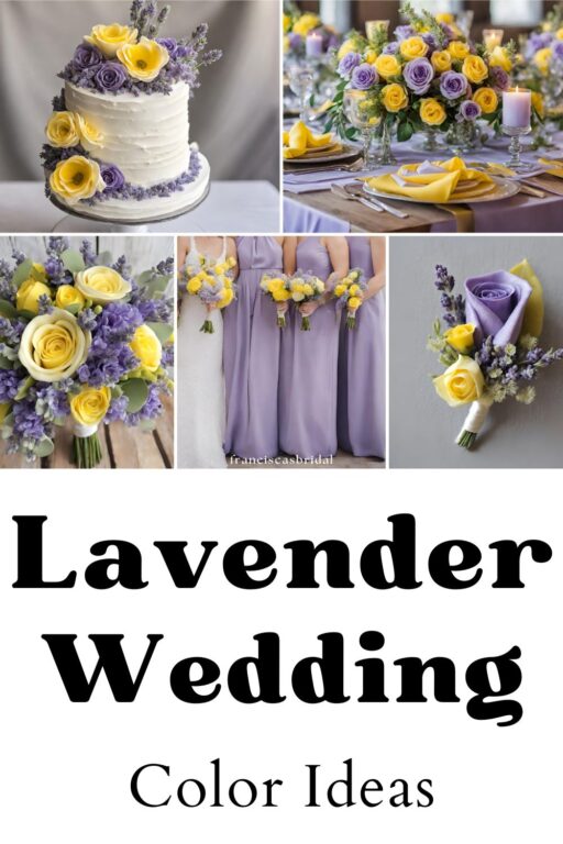 A photo collage with lavender and lemon wedding color ideas.