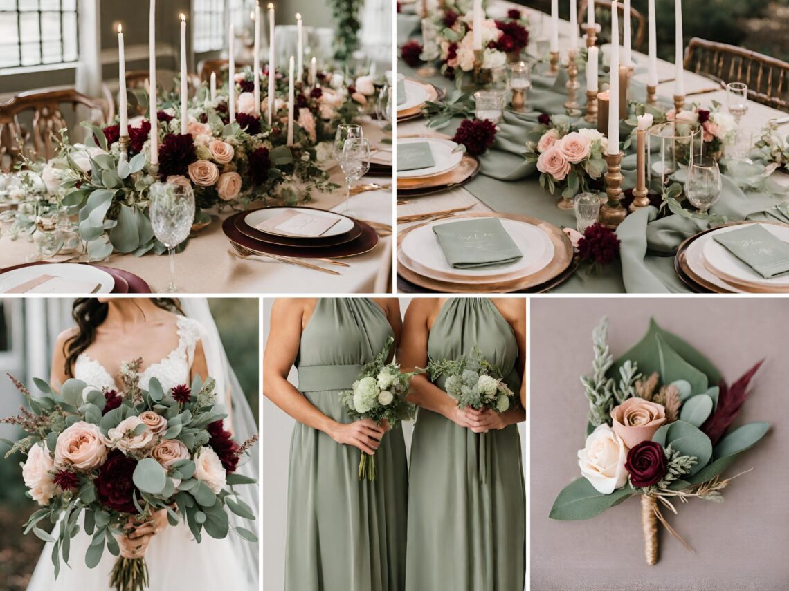 A photo collage with sage green and burgundy wedding colors.