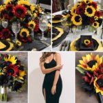 A photo collage with black and red wedding color ideas with sunflowers.