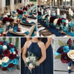 A photo collage with navy, burgundy, and turquoise wedding color ideas.