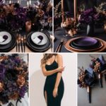 A photo collage with black and purple wedding color ideas.