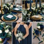 A photo collage of hunter green and navy wedding color ideas.