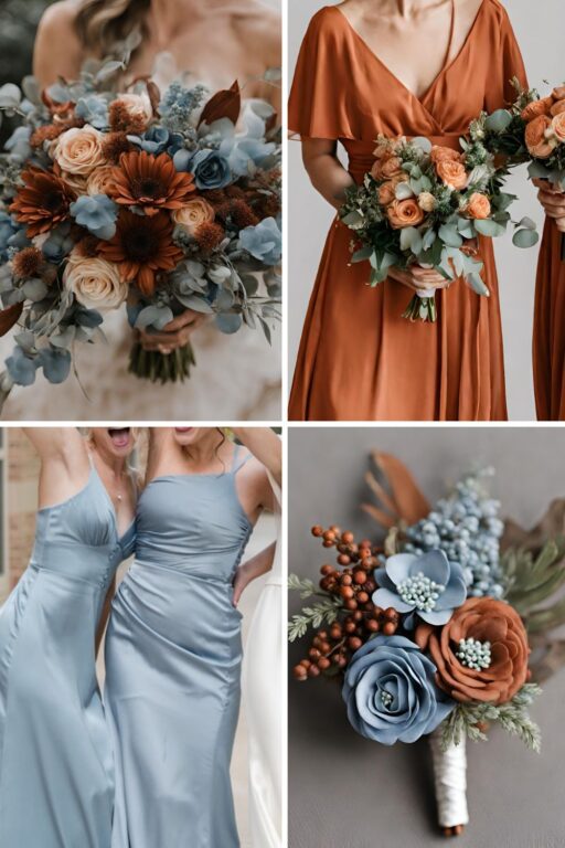 A photo collage with burnt sienna and dusty blue wedding color ideas.