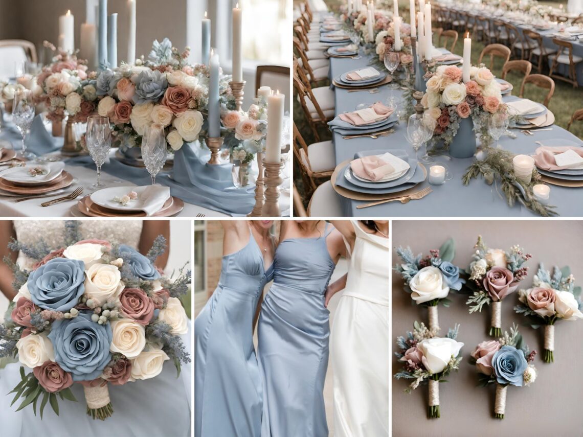 A photo collage of dusty rose and dusty blue wedding color ideas.