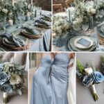 A photo collage of dusty blue and sage green wedding color ideas.