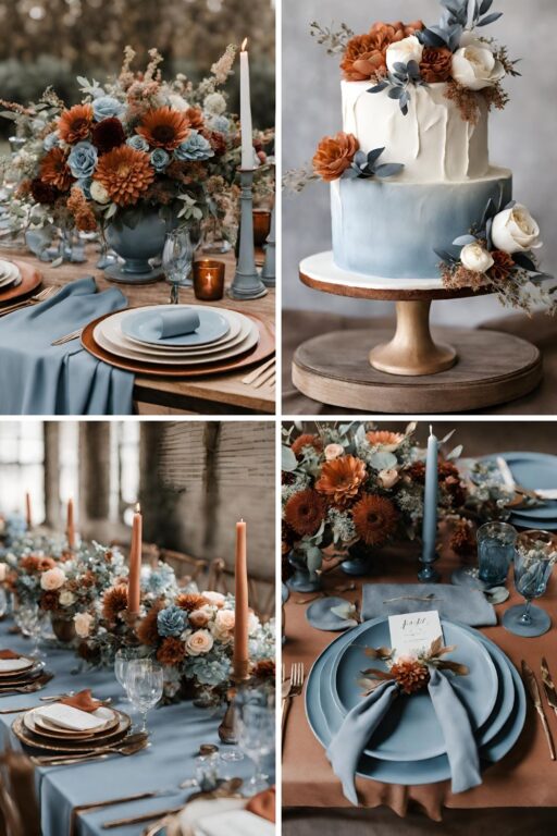 A photo collage with burnt sienna and dusty blue wedding color ideas.