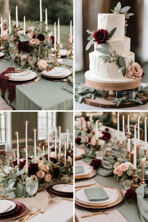 A photo collage with sage green and burgundy wedding colors.