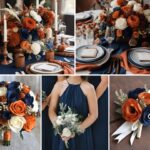 A photo collage with orange and navy wedding color ideas.