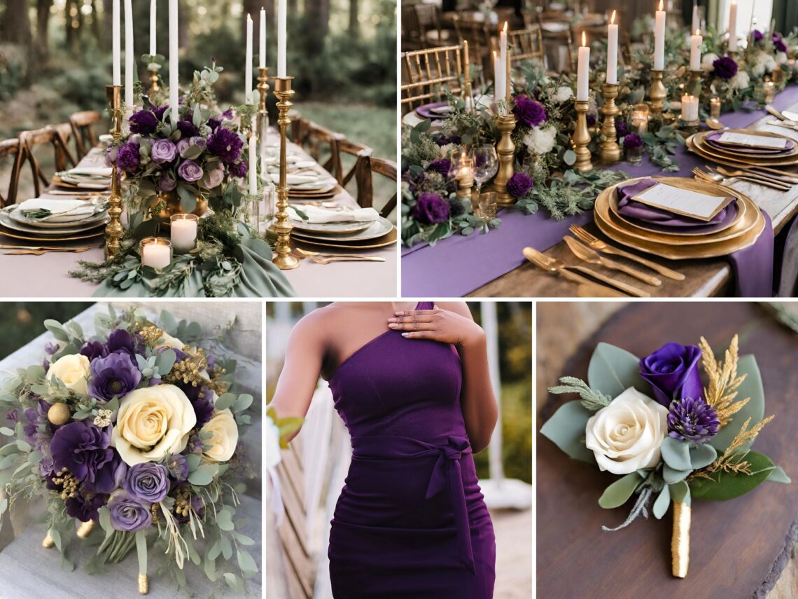 A photo collage with purple and sage green wedding color ideas.
