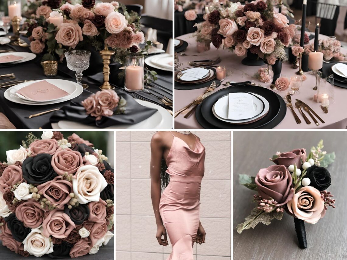 A photo collage of dusty rose wedding color ideas.