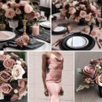 A photo collage of dusty rose wedding color ideas.