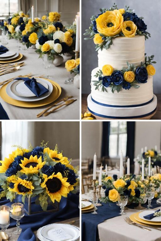 A photo collage with yellow and navy blue wedding color ideas.
