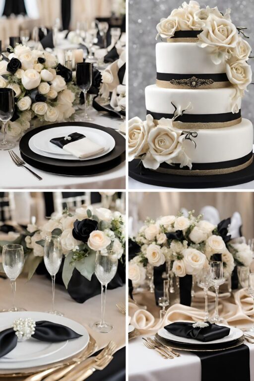 A photo collage with champagne, black, and white wedding color ideas.