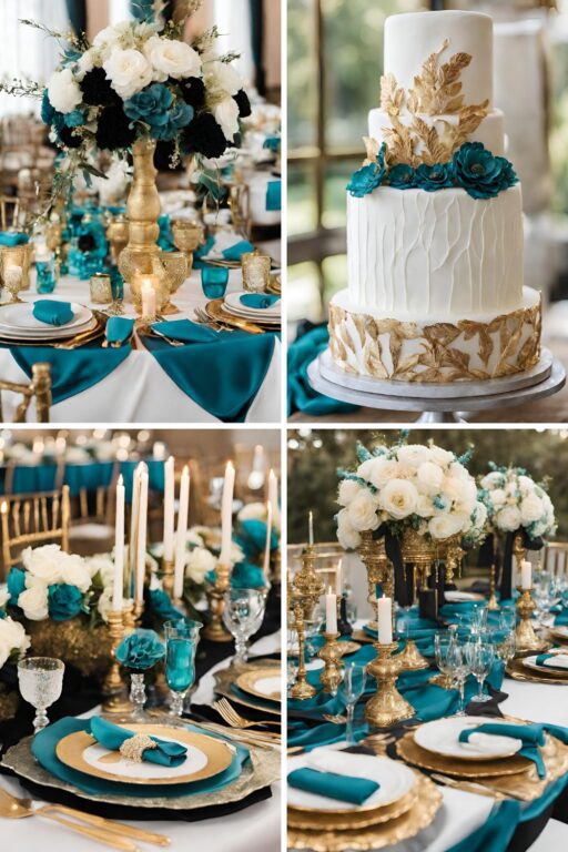 A photo collage with teal, gold, and black wedding color ideas.