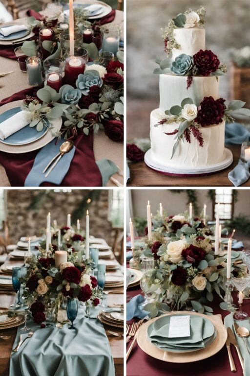 A photo collage with burgundy, sage, and dusty blue wedding color ideas.