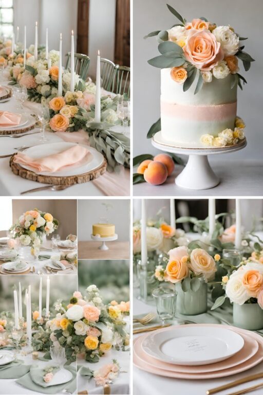 A photo collage with sage green, peach, and pink wedding color ideas.