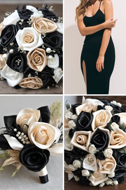 A photo collage with champagne, black, and white wedding color ideas.