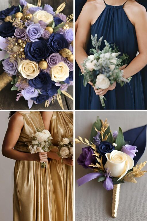 A photo collage with lavender, navy, and gold wedding color ideas.