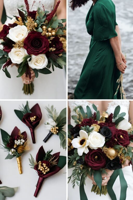 A photo collage with burgundy and hunter green wedding color ideas.