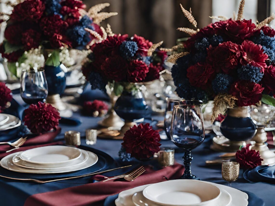 A photo collage with maroon and navy blue wedding color ideas.