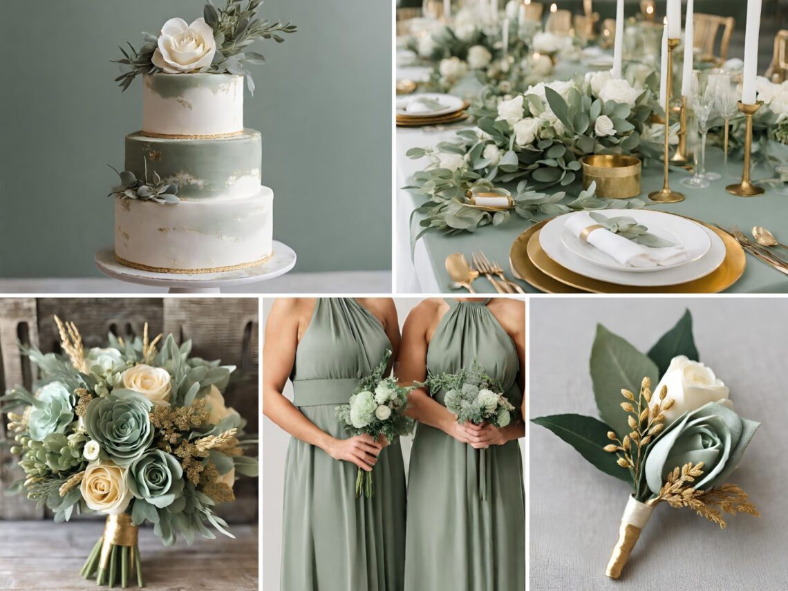 A photo collage with sage green and gold wedding color ideas.