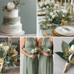 A photo collage with sage green and gold wedding color ideas.