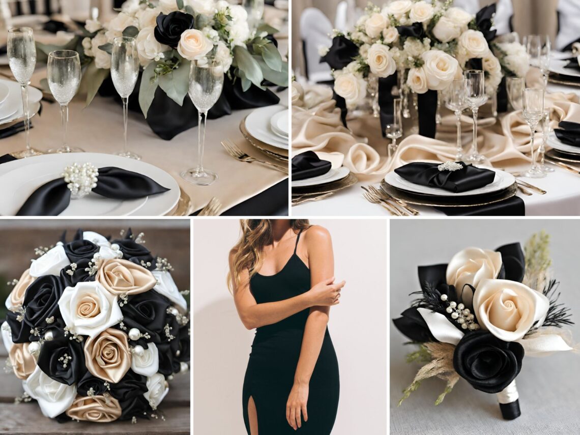 A photo collage with champagne, black, and white wedding color ideas.