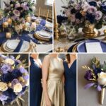 A photo collage with lavender, navy, and gold wedding color ideas.